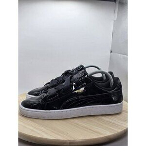 Puma Basket Heart Sneakers Shoes Womens 9.5 Patent Black Running Athletic Ribbon